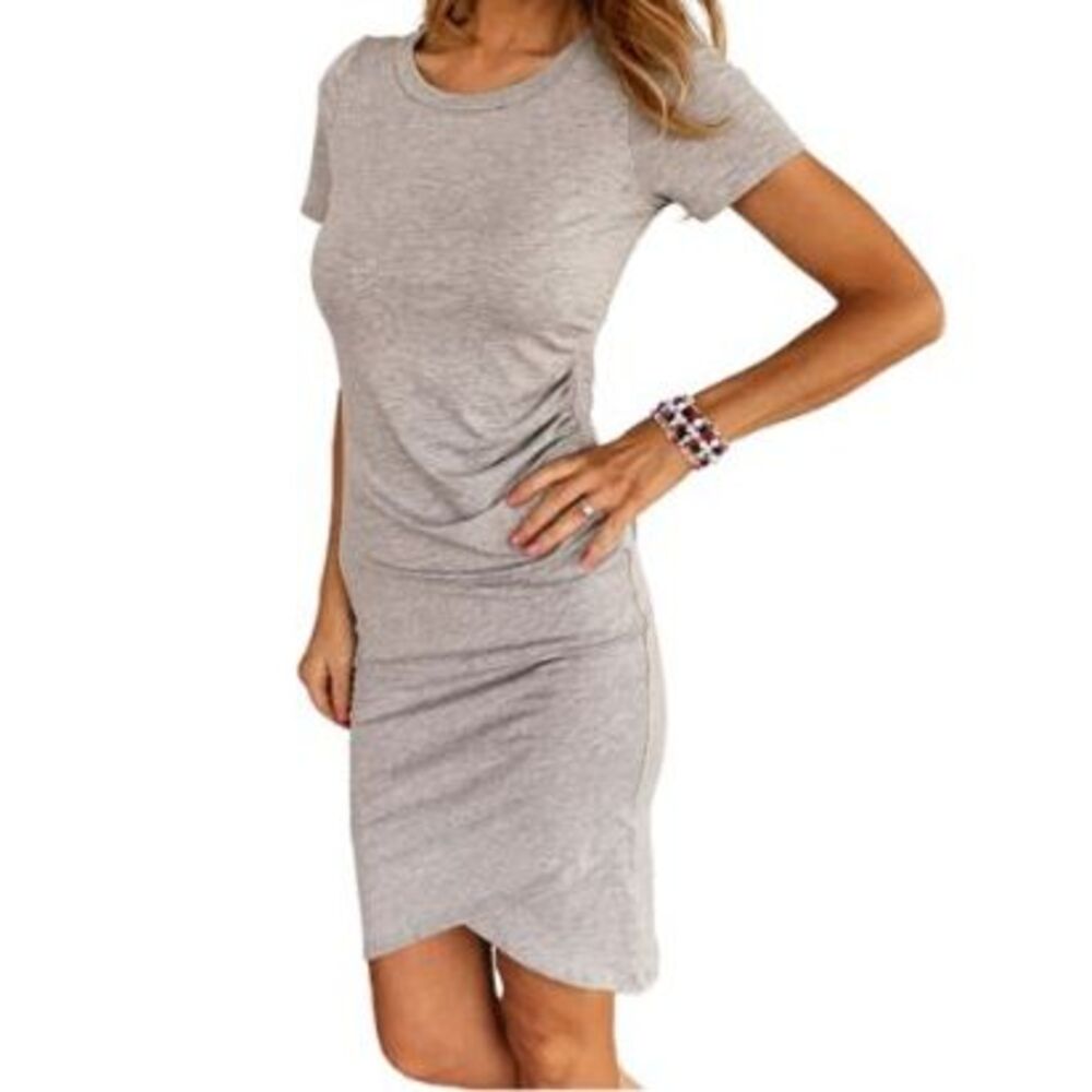 Missufe Gray Bodycon Midi Dress Short Sleeve Pullover Crew Neck Women's Size S/P